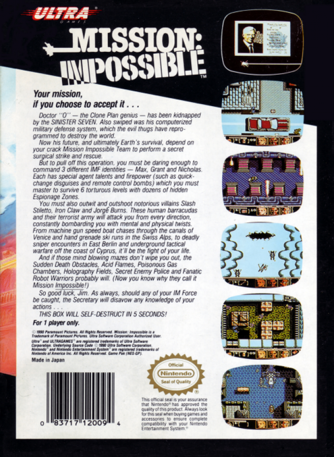 Mission Impossible back of box for Nintendo Entertainment System NES retro video game