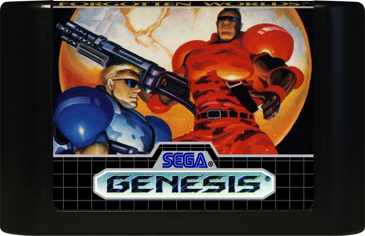 Forgotten Worlds Sega Genesis GEN for retro video game enthusiasts featuring side scrolling shoot em up gameplay futuristic aerial combat rotating weapon system intense enemy battles sci fi adventure classic arcade action and collectible gaming appeal cartridge