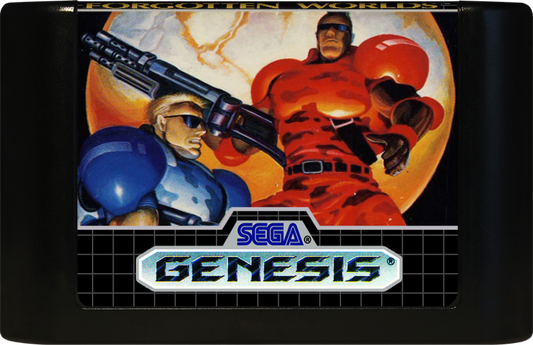 Forgotten Worlds Sega Genesis GEN for retro video game enthusiasts featuring side scrolling shoot em up gameplay futuristic aerial combat rotating weapon system intense enemy battles sci fi adventure classic arcade action and collectible gaming appeal cartridge