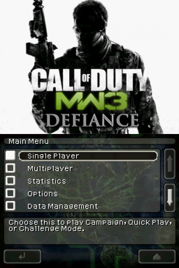 Call of Duty: Modern Warfare 3 start menu for Nintendo DS (DS) first-person shooter action video game