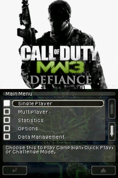 Call of Duty: Modern Warfare 3 start menu for Nintendo DS (DS) first-person shooter action video game