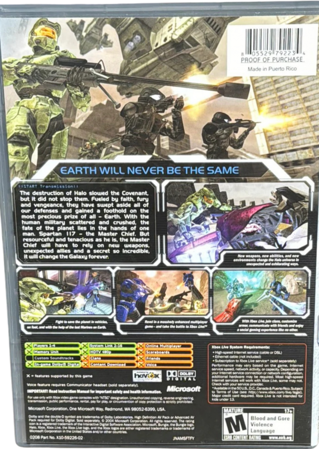 Halo 2 Platinum Hits Xbox inspired design featuring legendary sci fi first person shooter aesthetic Master Chief interstellar warfare futuristic alien battles iconic multiplayer action cinematic campaign gameplay classic Xbox gaming nostalgia presentation back cover