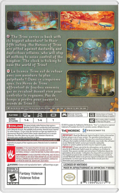 Trine 5 A Clockwork Conspiracy Nintendo Switch inspired design featuring fantasy puzzle platform adventure aesthetic magical heroes cooperative gameplay intricate clockwork contraptions physics based challenges enchanting storybook worlds and colorful action exploration presentation back cover