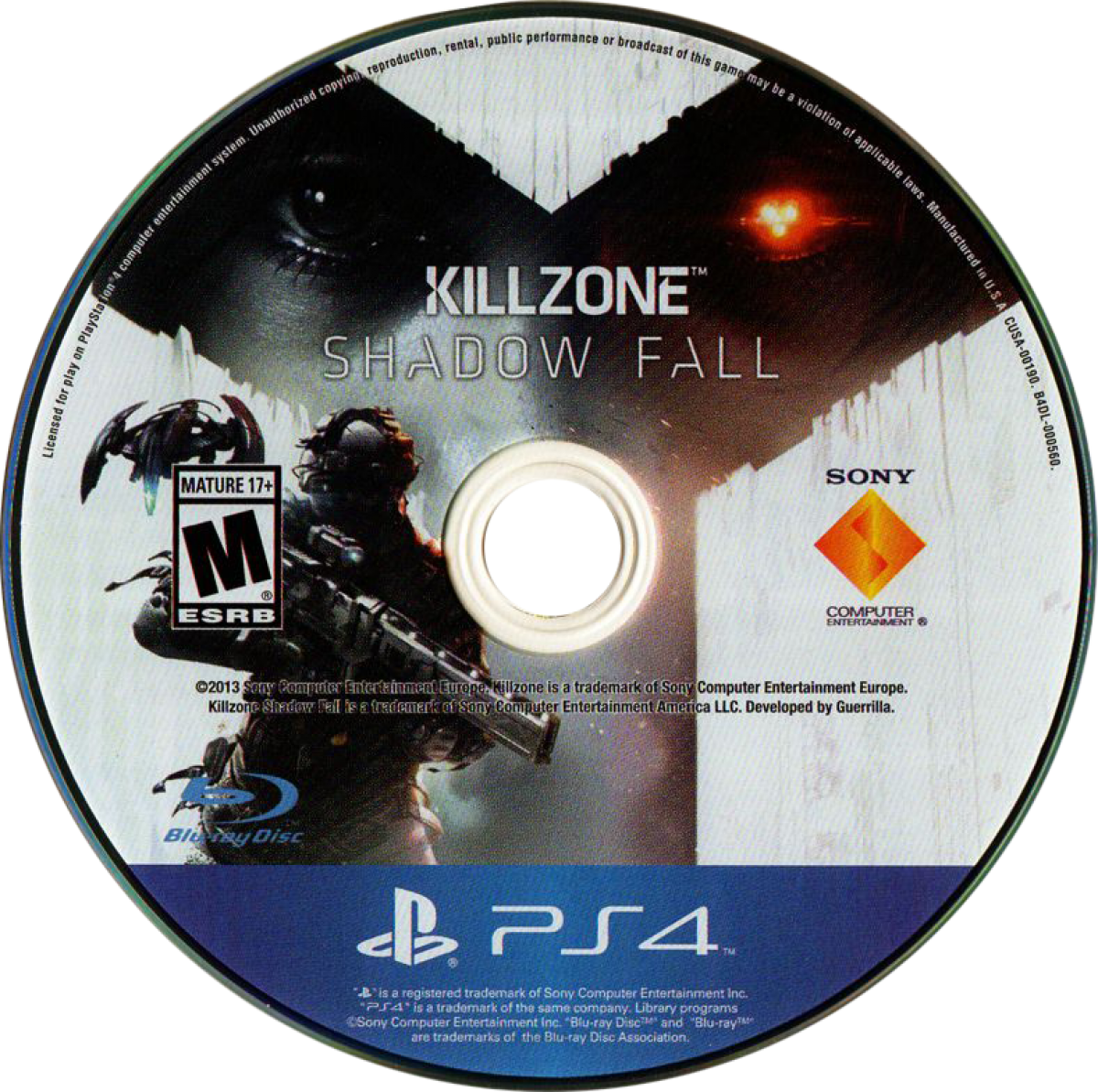 Killzone: Shadow Fall – PlayStation 4 (PS4) video game disc, first-person shooter game.