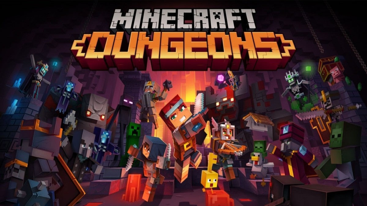 Minecraft Dungeons Ultimate Edition Nintendo Switch NS video game featuring action role playing dungeon crawler gameplay Minecraft inspired environments enemy battles weapon upgrades loot collecting character customization cooperative multiplayer and challenging dungeon adventures title screen