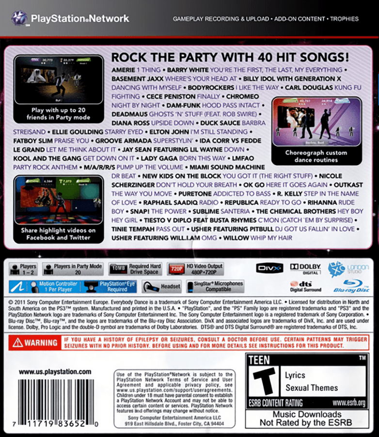 Everybody Dance back cover art for PlayStation 3 PS3 video game