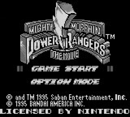Mighty Morphin Power Rangers The Movie Game Boy title screen for retro video game enthusiasts featuring side scrolling action gameplay morphing hero combat power ranger team based battles movie tie in storyline boss fights against monstrous enemies and portable handheld arcade style gaming experience and collectible gaming appeal