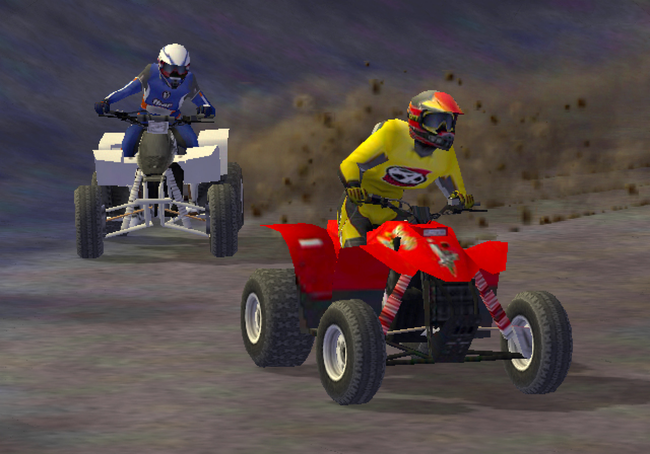 Retro ATV Offroad Fury Greatest Hits PS2 inspired design featuring extreme off road racing aesthetic vintage PlayStation 2 all terrain vehicle stunts rugged dirt tracks freestyle tricks outdoor motorsports adrenaline nostalgic racing game presentation - gameplay