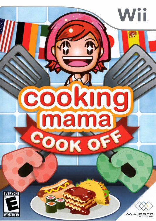 Cooking Mama Cook Off game for the Nintendo Wii featuring motion controlled cooking mini games using the Wii Remote with a variety of recipes step by step tasks and multiplayer modes in a colorful family friendly kitchen setting cover art