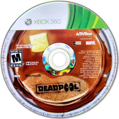 Deadpool Xbox 360 action hack and slash video game fourth-wall breaking humor by Marvel antihero guns sword disc art