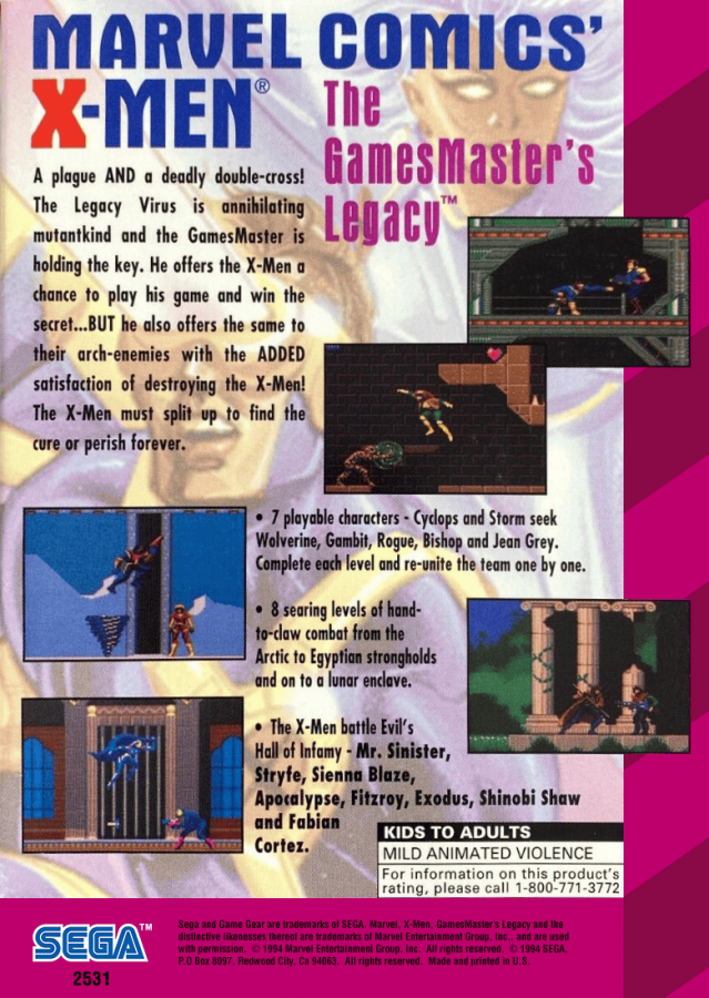 X-Men: GamesMaster's Legacy back cover art for Sega Game Gear (GG) video game