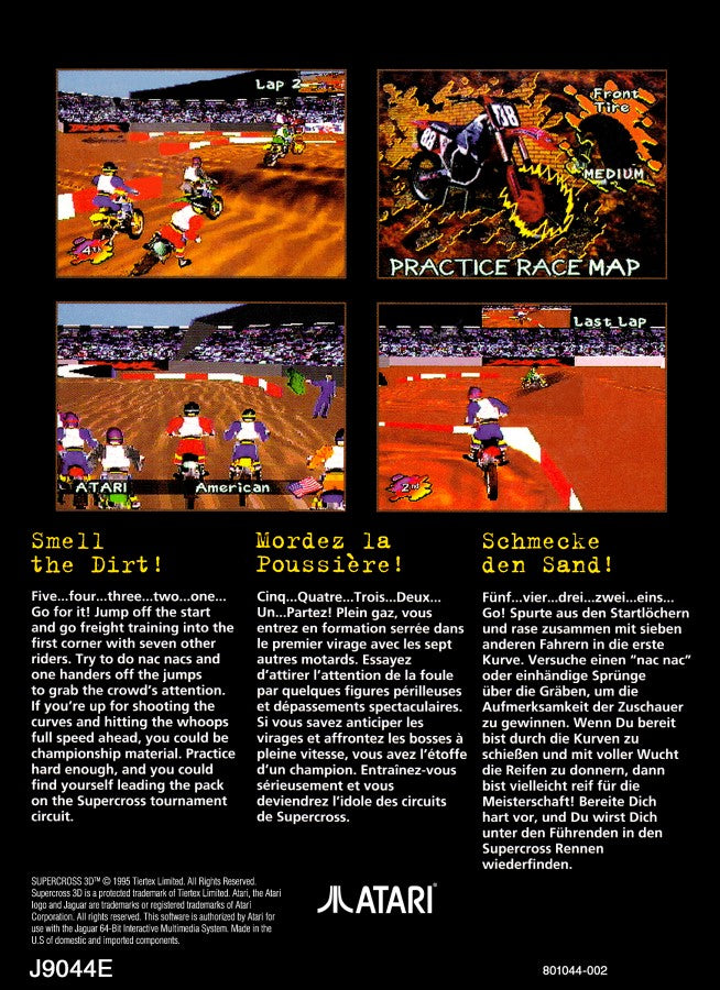 Supercross 3D Atari Jaguar JAG for motocross racing video game fans featuring off road motorcycle racing dirt tracks jumps ramps obstacles challenging courses competing riders high speed action and classic Atari Jaguar gameplay collectible retro gaming appeal back cover art