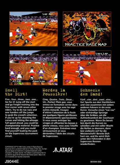 Supercross 3D Atari Jaguar JAG for motocross racing video game fans featuring off road motorcycle racing dirt tracks jumps ramps obstacles challenging courses competing riders high speed action and classic Atari Jaguar gameplay collectible retro gaming appeal back cover art