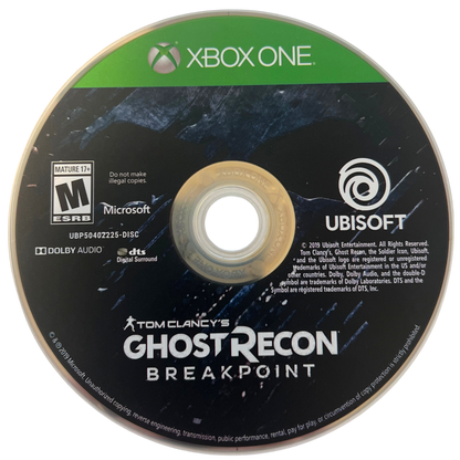 Tom Clancy's Ghost Recon Breakpoint for Xbox One, disc image for a tactical shooter open-world military video game