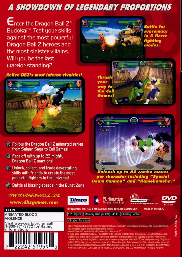 Dragon Ball Z Budokai Greatest Hits PlayStation 2 PS2 fighting video game featuring Goku Vegeta Gohan Piccolo Frieza and other Dragon Ball Z characters fast-paced arena combat energy attacks powerful transformations story mode special moves and classic PlayStation 2 PS2 gameplay collectible retro gaming appeal back