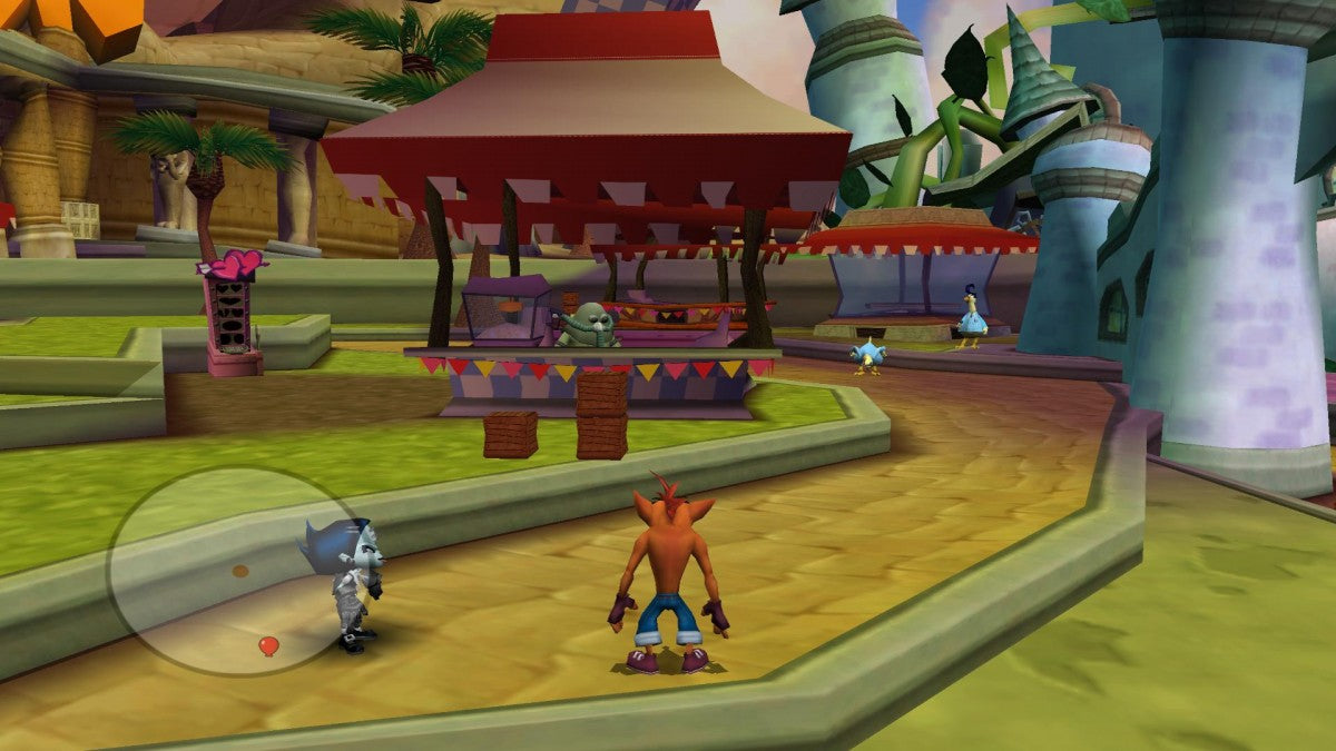 Crash Tag Team Racing for PlayStation 2 (PS2) featuring the hilarious fusion of high-speed racing and platforming adventure where you can "clash" your vehicle with an opponent's to create a powerful hybrid turret-car; explore Von Clutch's Motor World on foot, solve puzzles, and collect Power Gems in this wacky, combat-heavy twist on the Crash Bandicoot racing formula gameplay screenshot