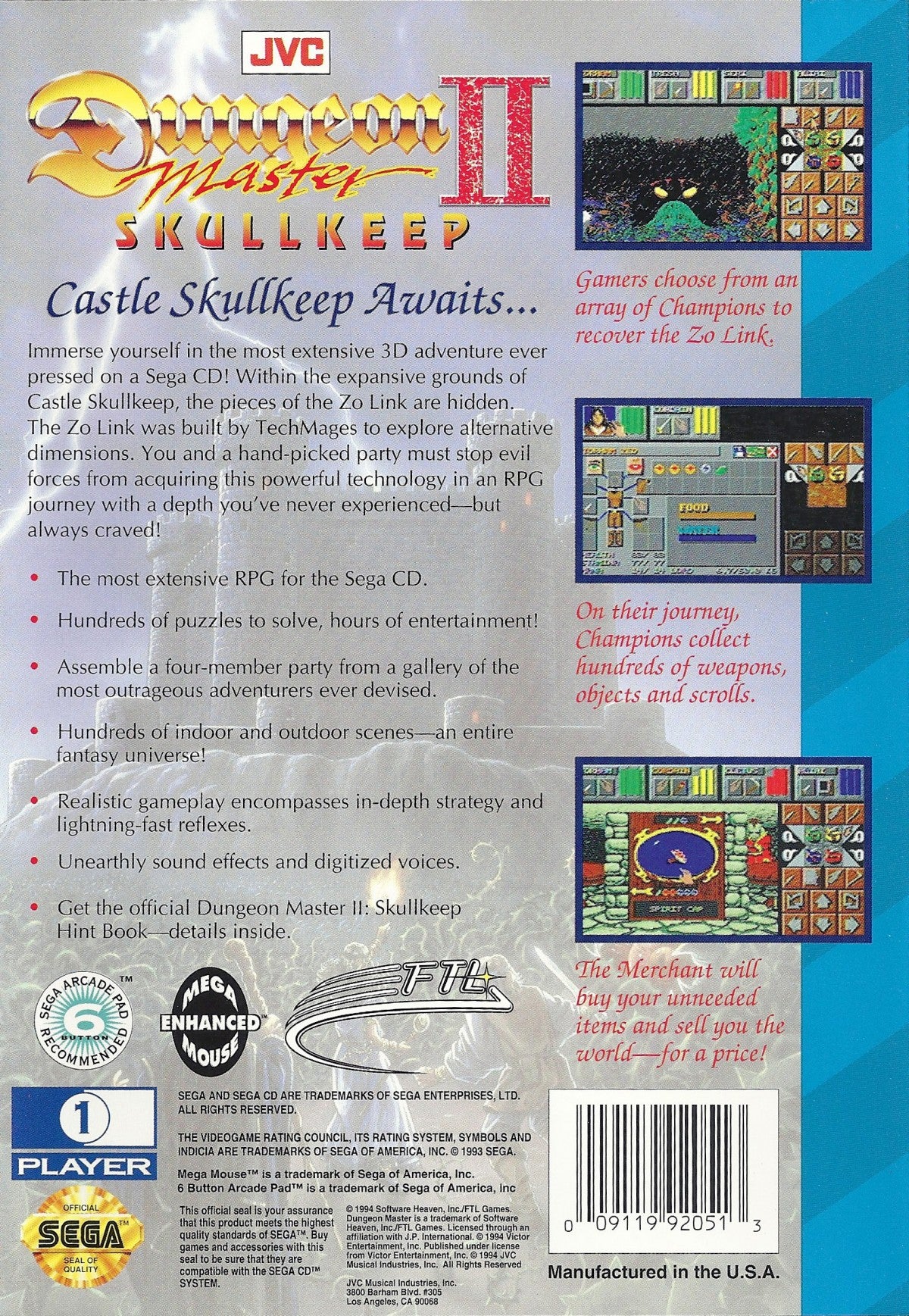 Dungeon Master II The Legend of Skullkeep Sega CD first person dungeon crawler RPG fantasy adventure real time combat puzzle solving exploration magic spells classic computer RPG style retro gaming Sega CD software video game title back cover art