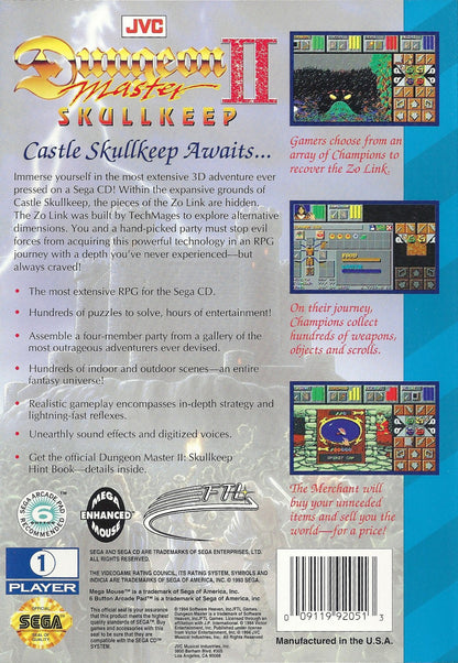 Dungeon Master II The Legend of Skullkeep Sega CD first person dungeon crawler RPG fantasy adventure real time combat puzzle solving exploration magic spells classic computer RPG style retro gaming Sega CD software video game title back cover art