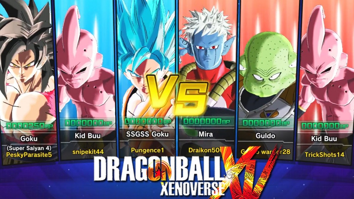 Dragon Ball Xenoverse Xbox One video game, action fighting RPG, anime-based combat, character customization, console title character matchup screen