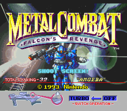 Metal Combat Super Nintendo SNES light gun shooter Super Scope 6 compatible mech robot combat first person shooting futuristic warfare Nintendo action game retro 16 bit gaming Super Nintendo Entertainment System software video game title gameplay