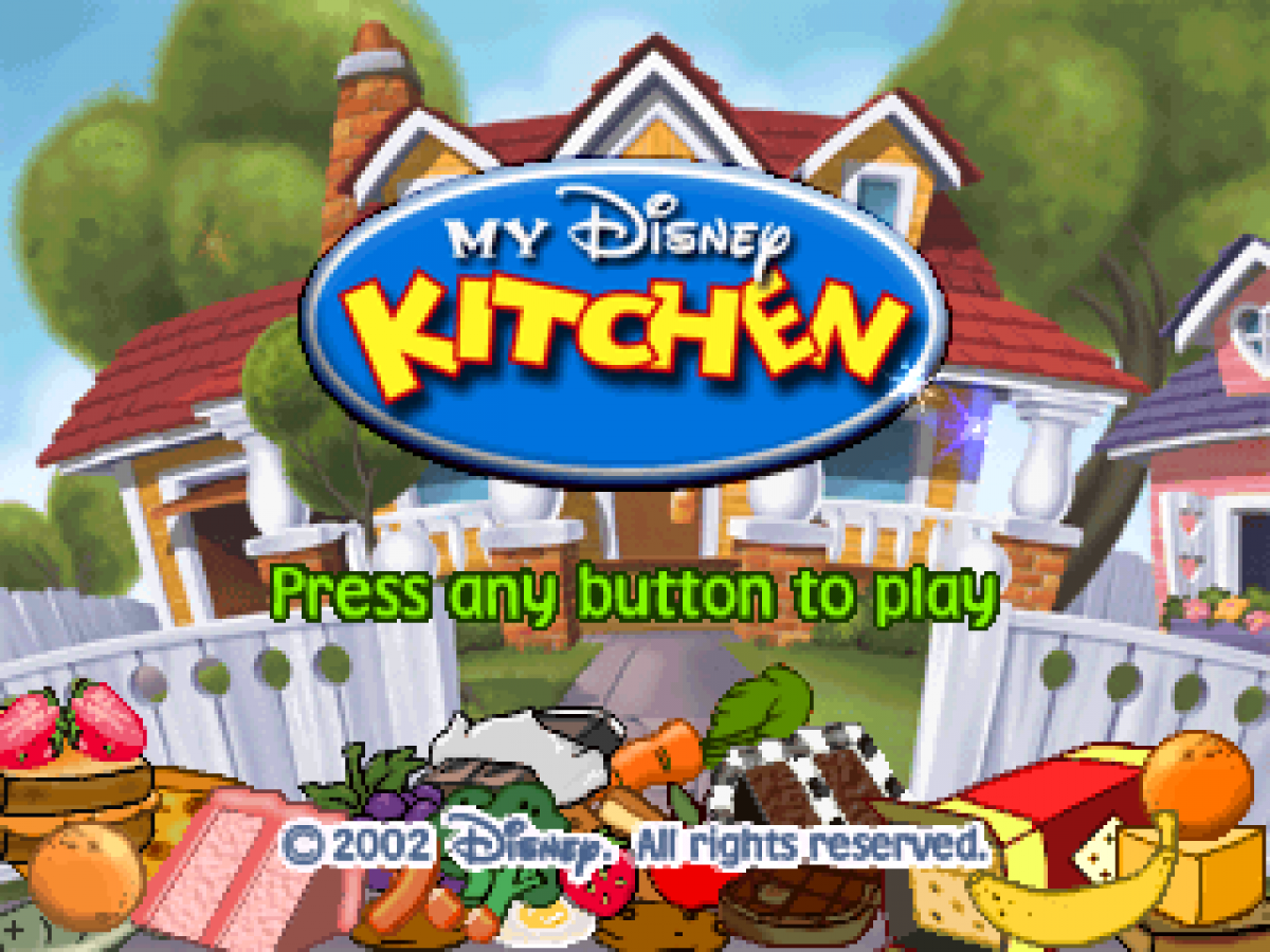 My Disney Kitchen PS1 PlayStation 1 educational simulation game kids cooking mini games Disney themed casual gameplay retro video game title screen