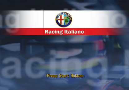 Retro Alfa Romeo Racing Italiano PS2 inspired design featuring exotic European sports car racing aesthetic vintage PlayStation 2 Italian automotive culture realistic driving simulation high speed circuits sleek performance vehicles nostalgic racing game presentation - title screen