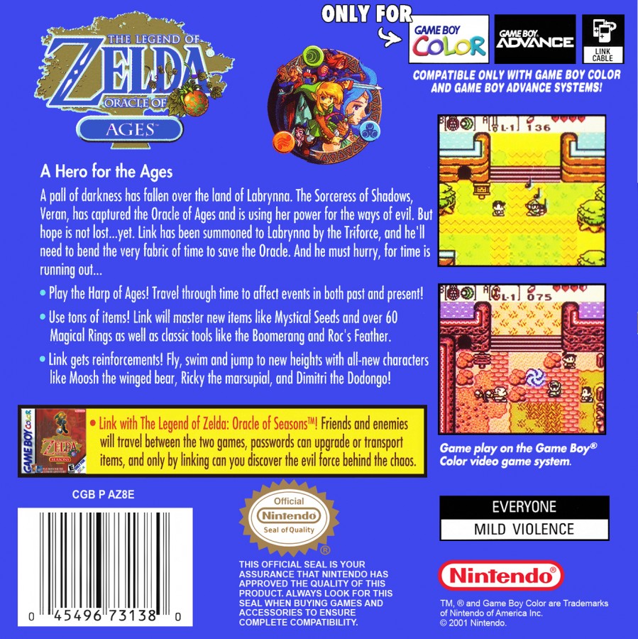 The Legend of Zelda Oracle of Ages Game Boy Color GBC for retro video game enthusiasts featuring action adventure gameplay time travel mechanics classic dungeon exploration puzzle solving top down combat memorable characters and collectible gaming appeal back art 