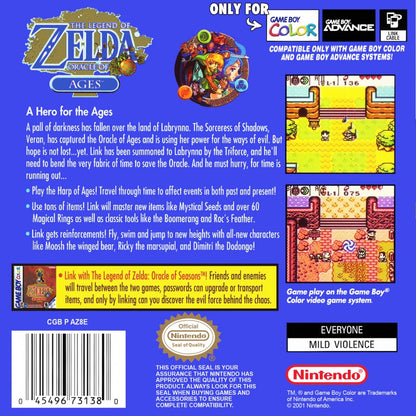 The Legend of Zelda Oracle of Ages Game Boy Color GBC for retro video game enthusiasts featuring action adventure gameplay time travel mechanics classic dungeon exploration puzzle solving top down combat memorable characters and collectible gaming appeal back art 