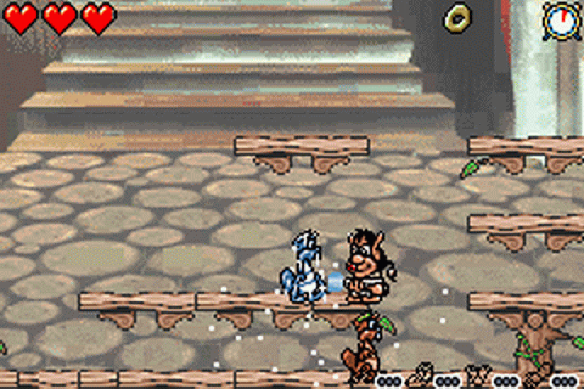 Hugo The Evil Mirror for Game Boy Advance, gameplay for an action-adventure video game with platforming gameplay, puzzle-solving, fantasy storyline, and character-based challenges