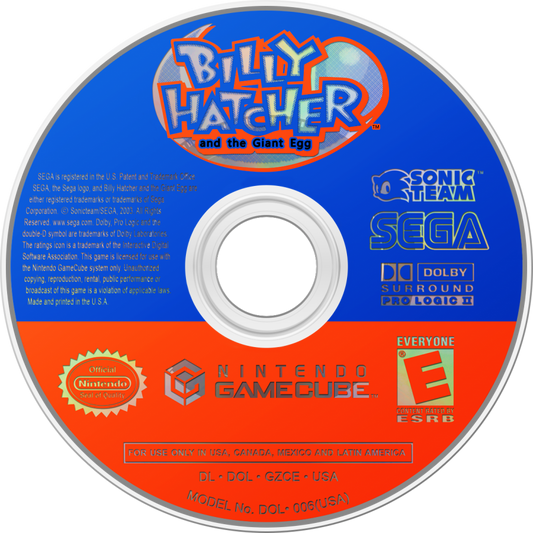 Billy Hatcher and the Giant Egg disc for GameCube (GC) platformer action-adventure video game