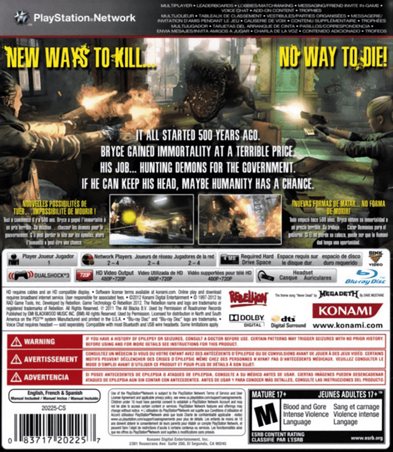 NeverDead back cover art for PlayStation 3 (PS3) video game