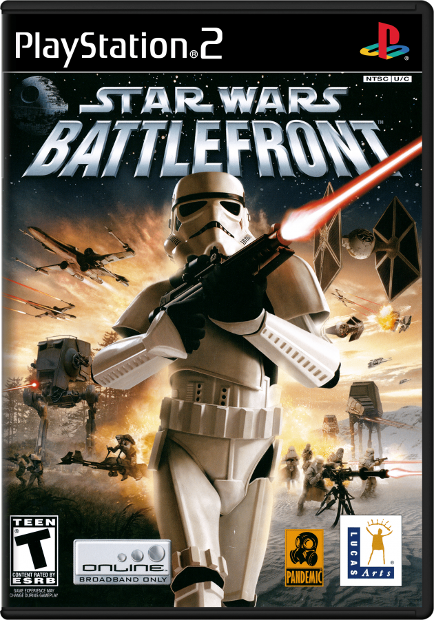 Star Wars Battlefront PS2 PlayStation 2 first person shooter third person shooter action game multiplayer galactic warfare Star Wars battles retro video game cover art