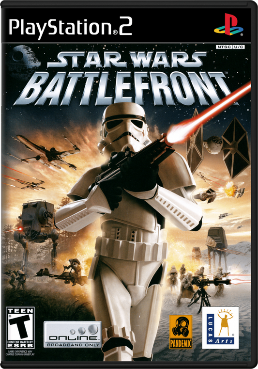 Star Wars Battlefront PS2 PlayStation 2 first person shooter third person shooter action game multiplayer galactic warfare Star Wars battles retro video game cover art