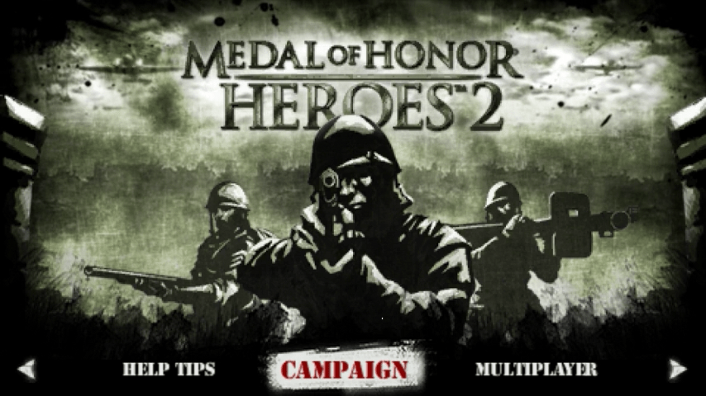 Medal of Honor Heroes 2 Greatest Hits for PlayStation Portable, title screen for a first-person shooter video game with World War II combat, mission-based gameplay, multiplayer modes, and military action