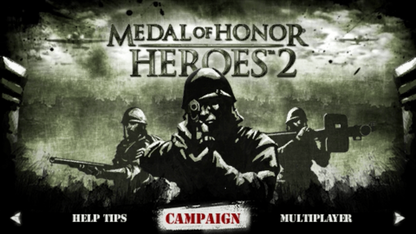 Medal of Honor Heroes 2 Greatest Hits for PlayStation Portable, title screen for a first-person shooter video game with World War II combat, mission-based gameplay, multiplayer modes, and military action