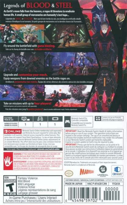 Daemon X Machina Nintendo Switch inspired design featuring high speed mech action aesthetic customizable armored suits futuristic warfare intense aerial combat sci fi battlefields explosive robotic encounters anime inspired gameplay presentation cover art 