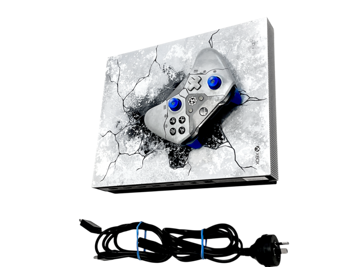 Xbox One X (XONE) [1 TB][Gears of War 5 Limited Edition] in Good Condition at Gamers INC, featuring a stunning translucent casing with a laser-etched "Snow Weathered" design, the specialized Kait Diaz Xbox Wireless Controller, and powerful 4K HDR gaming performance for the ultimate Gears of War fan collection console and controller