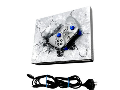 Xbox One X (XONE) [1 TB][Gears of War 5 Limited Edition] in Good Condition at Gamers INC, featuring a stunning translucent casing with a laser-etched "Snow Weathered" design, the specialized Kait Diaz Xbox Wireless Controller, and powerful 4K HDR gaming performance for the ultimate Gears of War fan collection console and controller