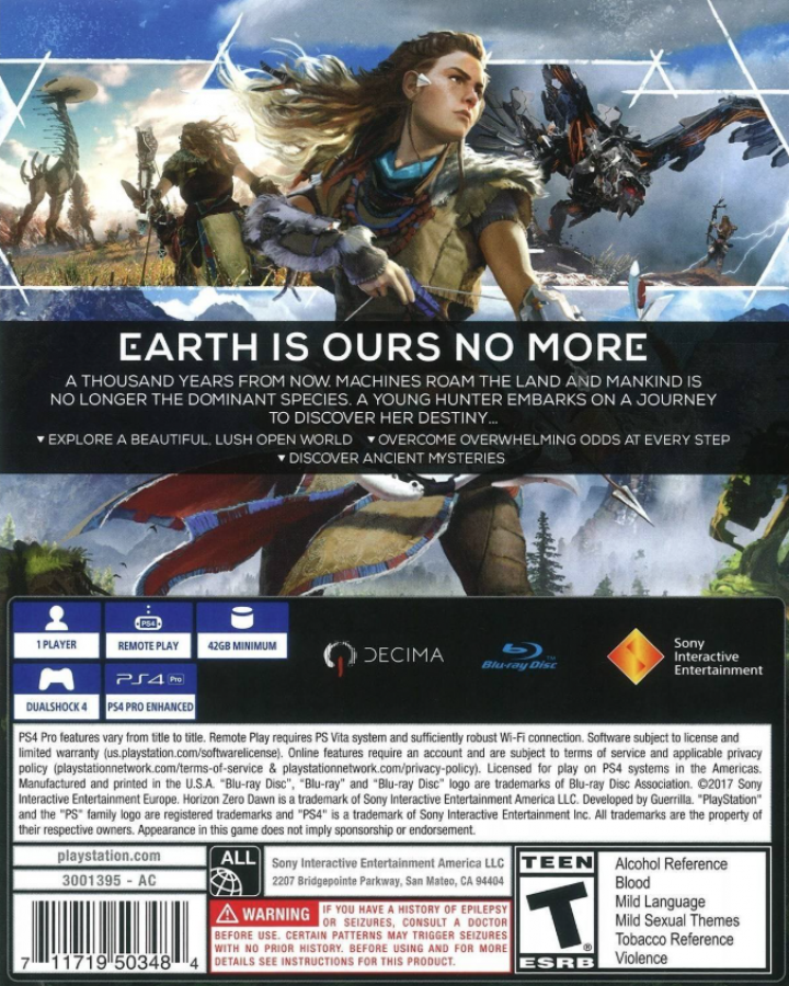 Horizon: Zero Dawn – PlayStation 4 (PS4) video game back of case, open-world action RPG exclusive to PS4 set in a lush, post-apocalyptic world