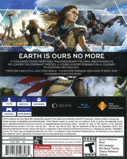 Horizon: Zero Dawn – PlayStation 4 (PS4) video game back of case, open-world action RPG exclusive to PS4 set in a lush, post-apocalyptic world