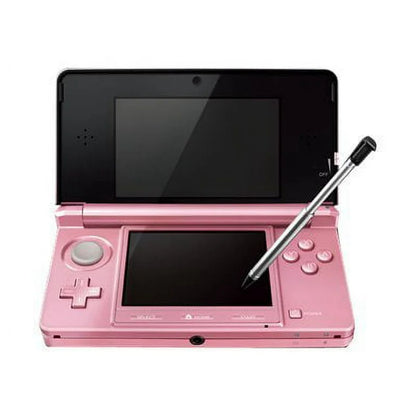 Nintendo 3DS handheld console Pink Pearl, portable gaming system, dual-screen Nintendo device, retro and modern game compatibility open view with stylus
