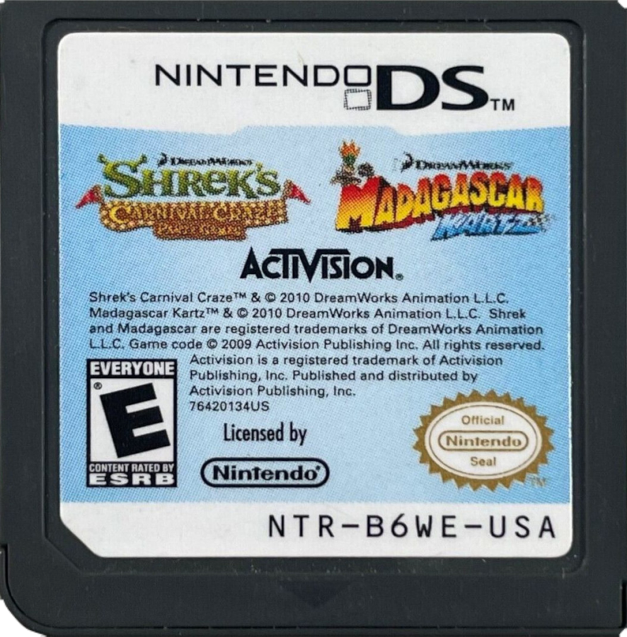Shrek's Carnival Craze & Madagascar Kartz cartridge for Nintendo DS (DS) party mini-game and kart racing video game bundle