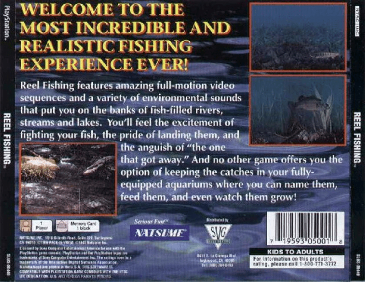 Reel Fishing back of case for PlayStation 1 (PS1) fishing simulation video game 