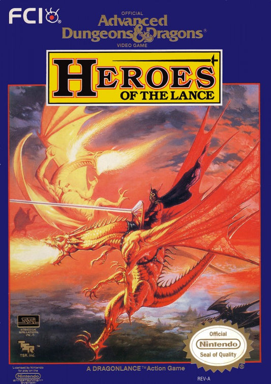 Heroes of the Lance Nintendo Entertainment System NES video game featuring fantasy role playing gameplay Dragonlance characters dungeon exploration party combat magic spells enemy battles and classic 8 bit adventure retro video game collection collectible gaming appeal cover art