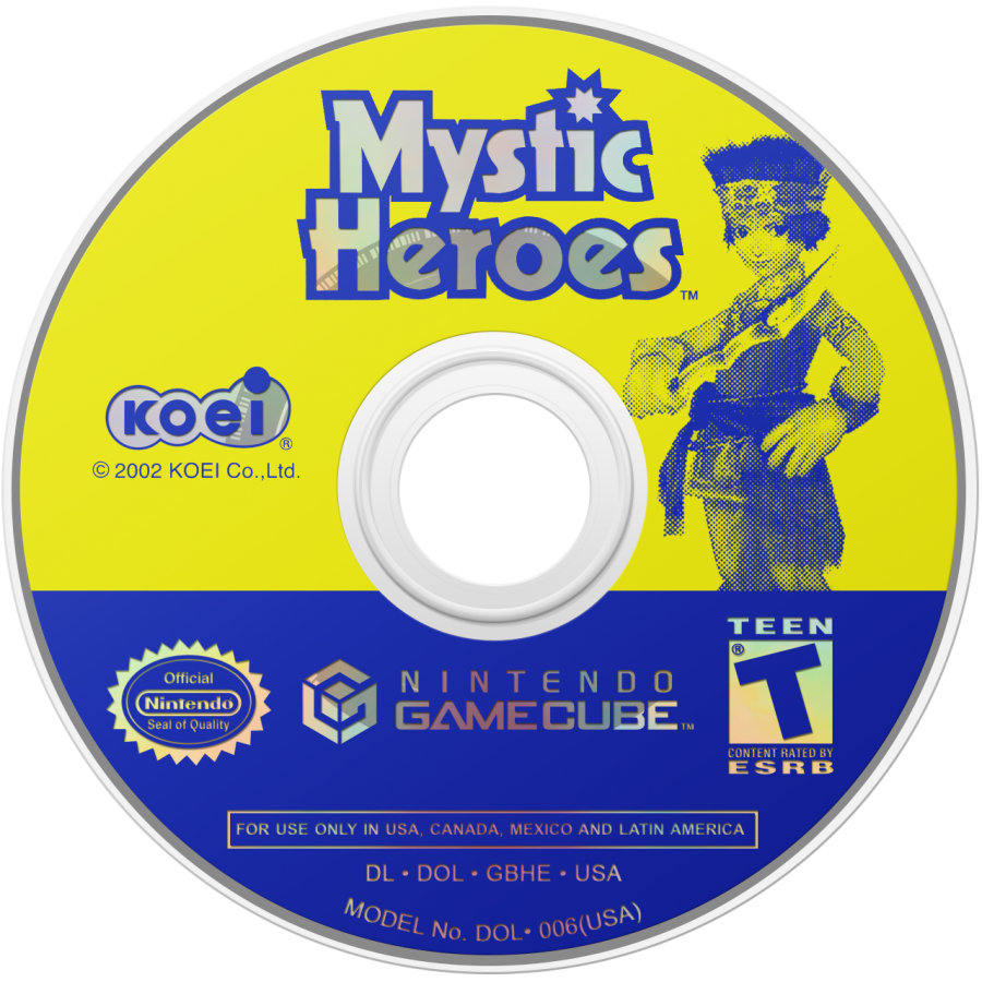 Mystic Heroes disc art for GameCube game featuring hack-and-slash action gameplay with anime-style characters and fantasy combat 