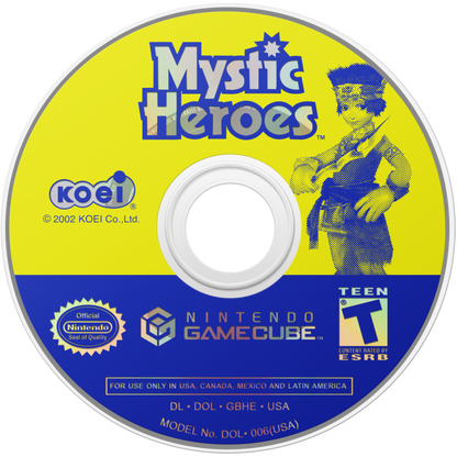 Mystic Heroes disc art for GameCube game featuring hack-and-slash action gameplay with anime-style characters and fantasy combat 
