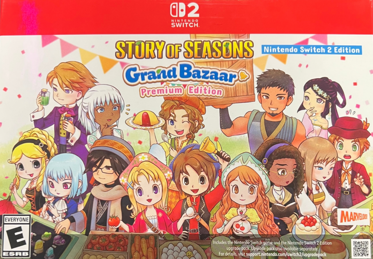 Story of Seasons Grand Bazaar Premium Edition Nintendo Switch 2 for farming simulation role playing video game fans featuring crop growing animal care fishing cooking crafting relationships seasonal festivals town development marketplace trading and Premium Edition collectible content gaming appeal front cover art