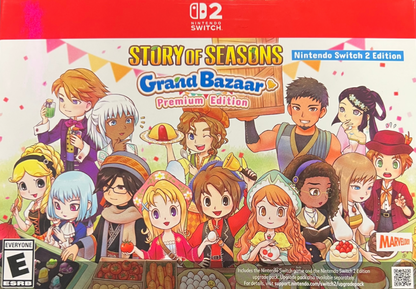 Story of Seasons Grand Bazaar Premium Edition Nintendo Switch 2 for farming simulation role playing video game fans featuring crop growing animal care fishing cooking crafting relationships seasonal festivals town development marketplace trading and Premium Edition collectible content gaming appeal front cover art