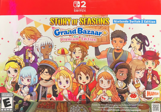 Story of Seasons Grand Bazaar Premium Edition Nintendo Switch 2 for farming simulation role playing video game fans featuring crop growing animal care fishing cooking crafting relationships seasonal festivals town development marketplace trading and Premium Edition collectible content gaming appeal front cover art