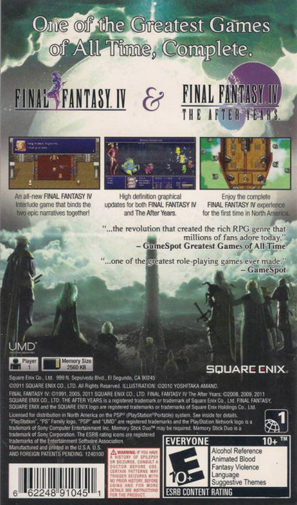 Final Fantasy IV The Complete Collection PlayStation Portable PSP inspired design featuring classic JRPG fantasy adventure aesthetic iconic heroes and villains epic crystal saga turn based combat beautifully enhanced visuals emotional storytelling and legendary role playing gameplay presentation back cover 